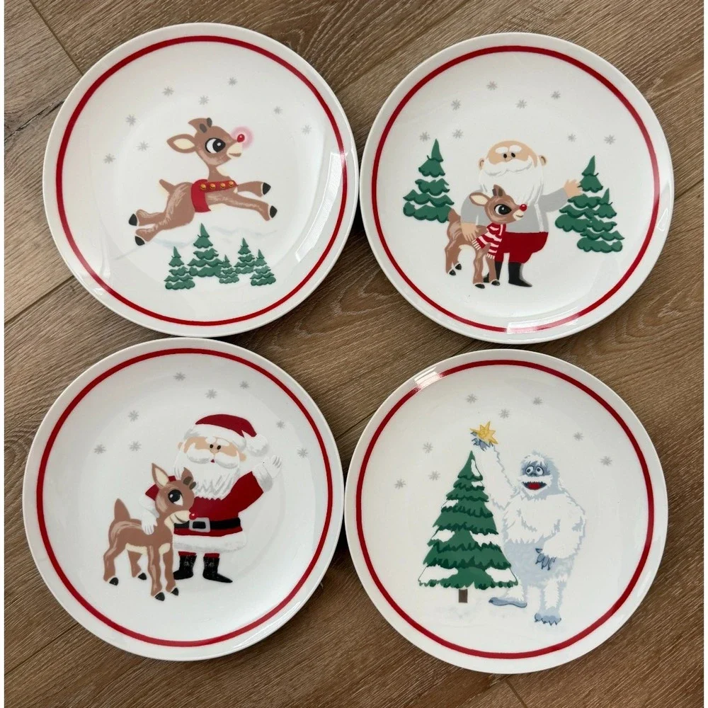 Pottery Barn Kids Rudolph Santa Ceramic Christmas Plates Set of 4 9.5